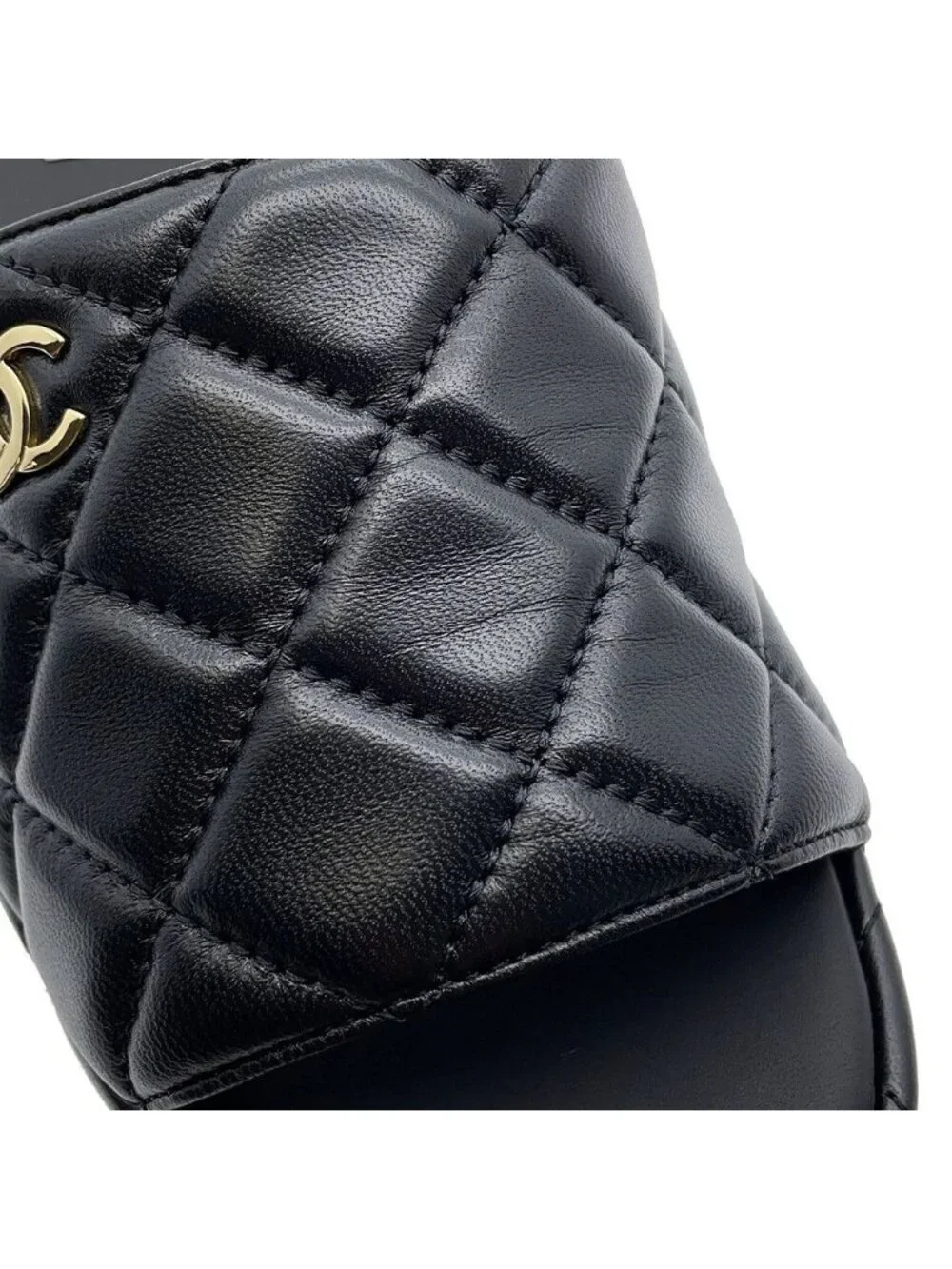 Chanel Sandals CC Logo Quilted Wedge Sole Lambskin 38c Shoes Black
